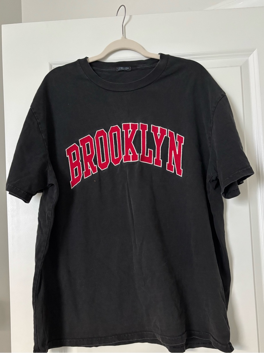 Brandy Melville Men's Charcoal Tee with Red Brooklyn Print